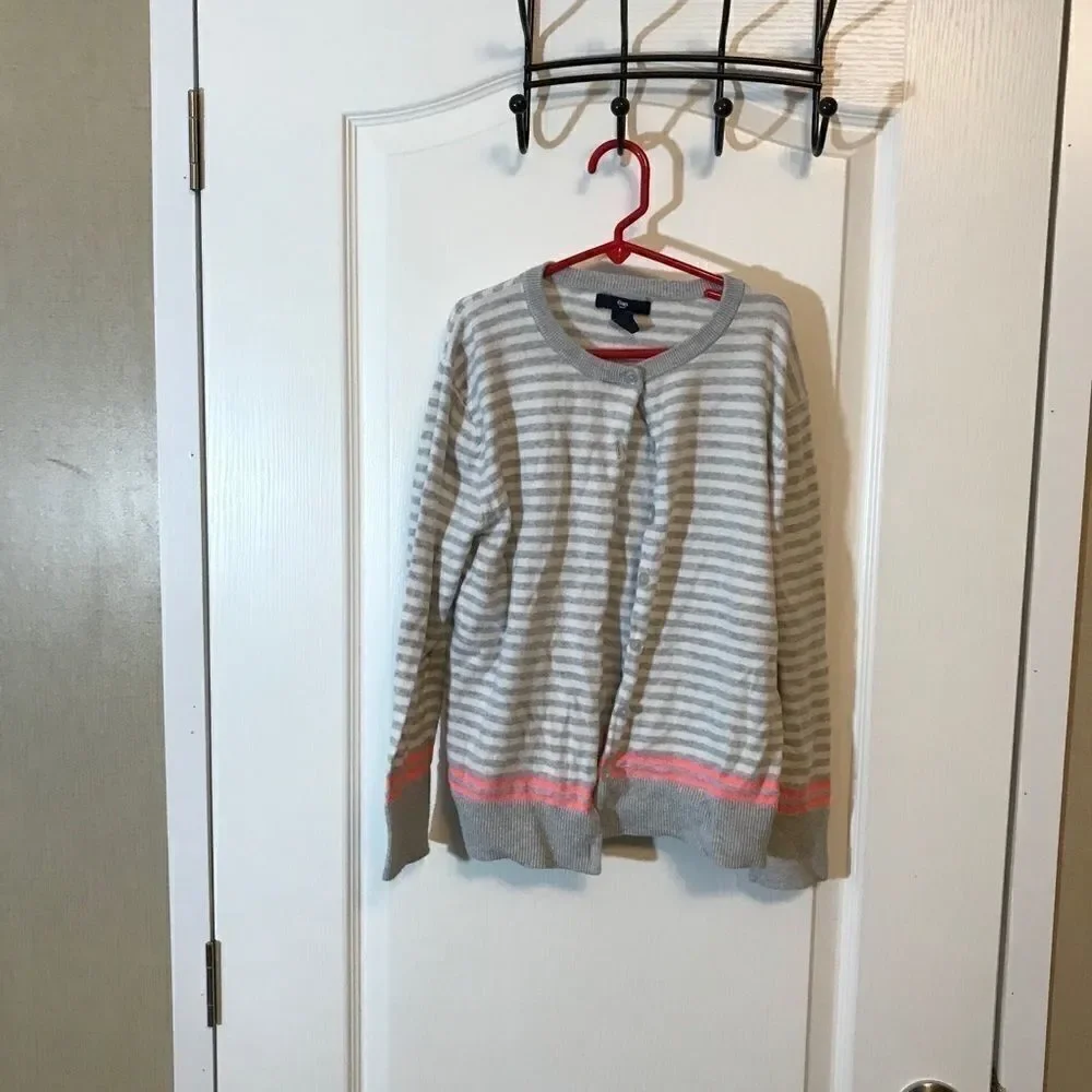 Gap Girls Gray Pink Stripe Cardigan Medium